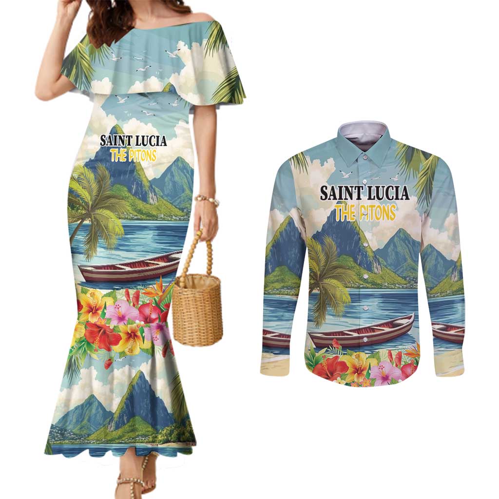 Pitons Saint Lucia Couples Matching Mermaid Dress and Long Sleeve Button Shirt Hibiscus Flowers