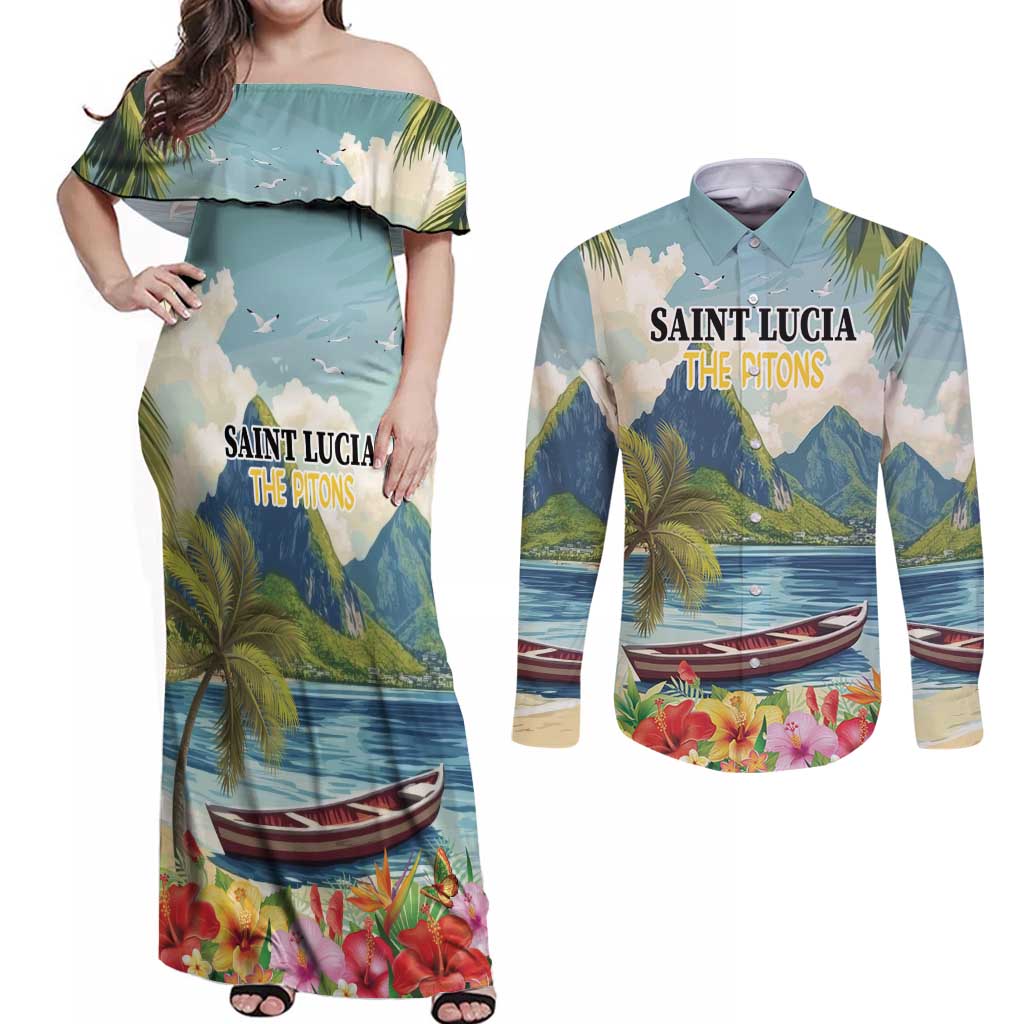 Pitons Saint Lucia Couples Matching Off Shoulder Maxi Dress and Long Sleeve Button Shirt Hibiscus Flowers - Wonder Print Shop