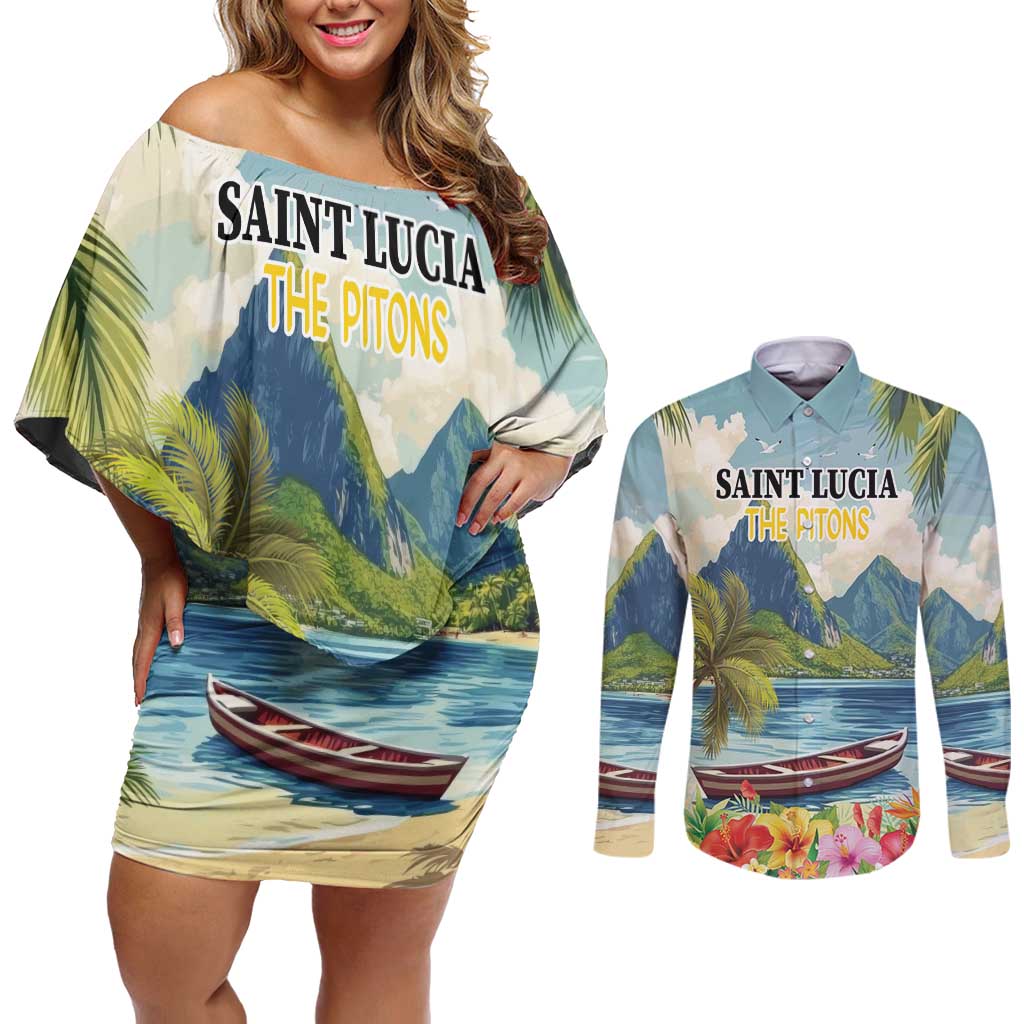 Pitons Saint Lucia Couples Matching Off Shoulder Short Dress and Long Sleeve Button Shirt Hibiscus Flowers - Wonder Print Shop