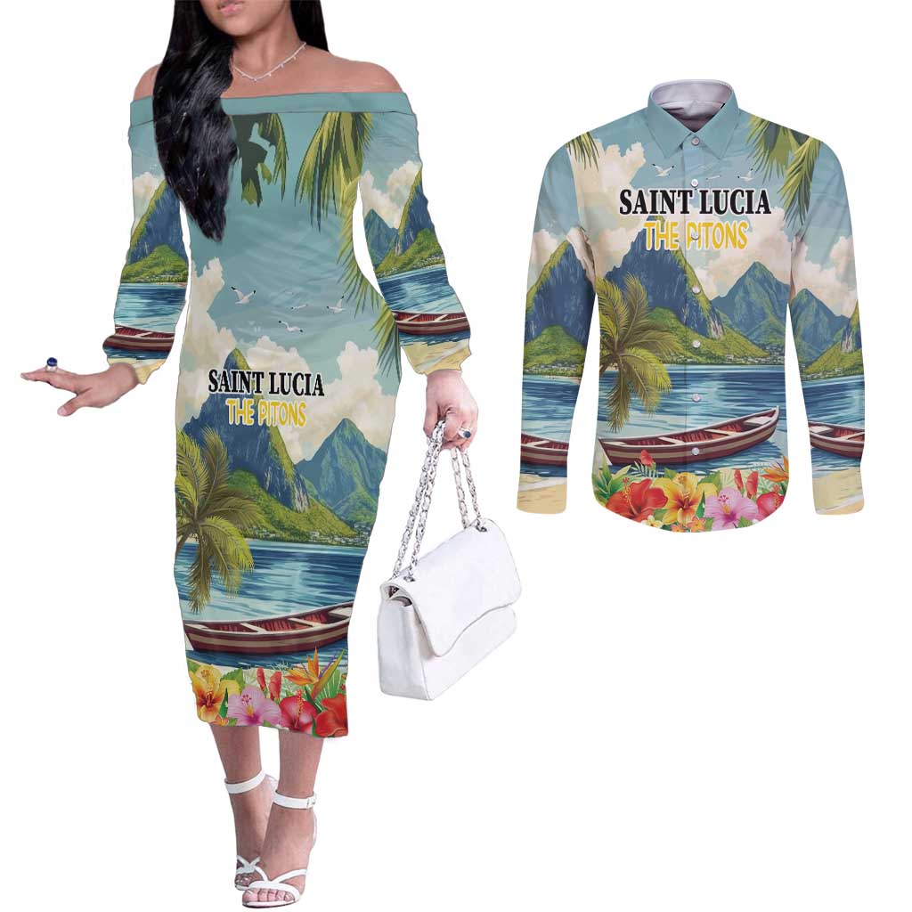 Pitons Saint Lucia Couples Matching Off The Shoulder Long Sleeve Dress and Long Sleeve Button Shirt Hibiscus Flowers