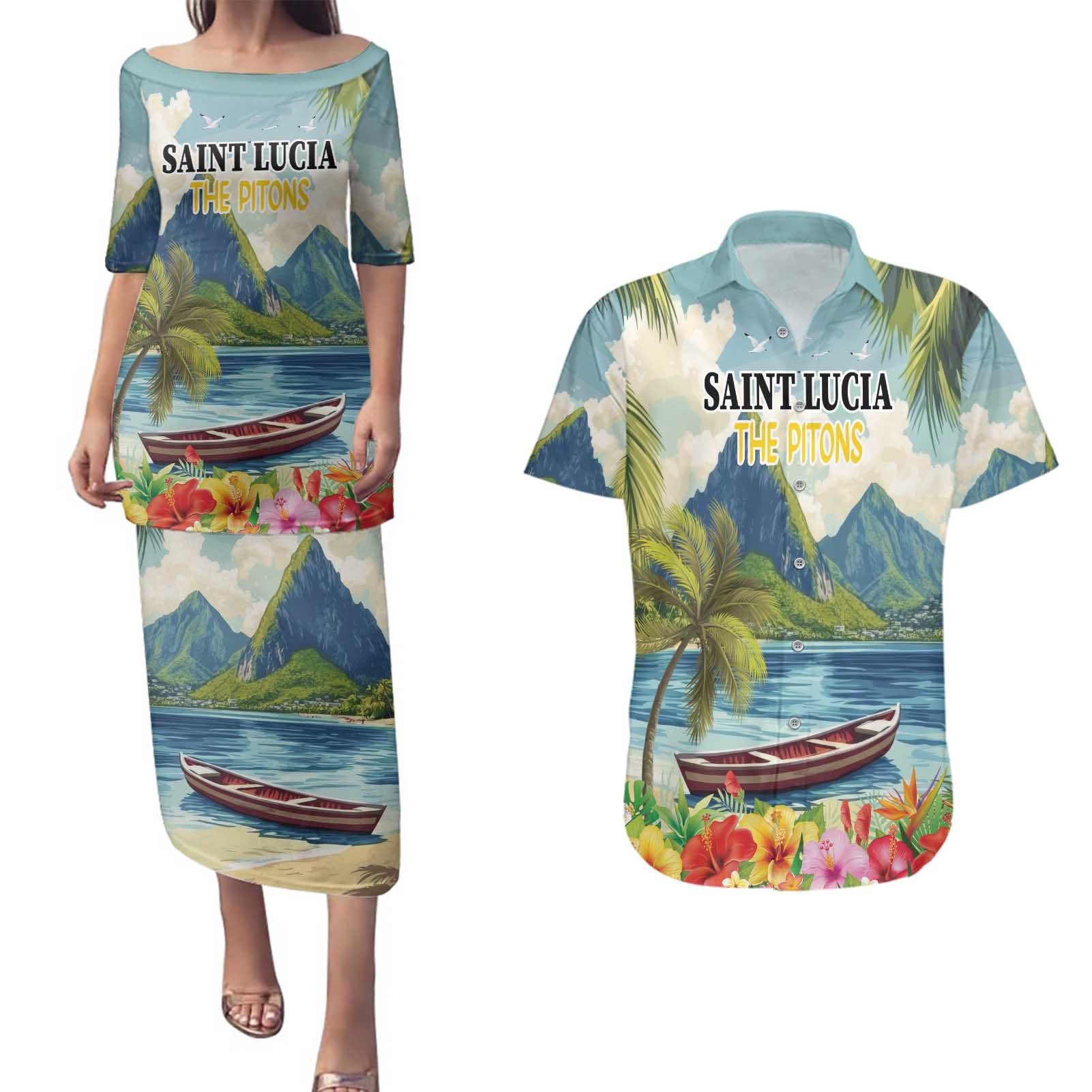 Pitons Saint Lucia Couples Matching Puletasi and Hawaiian Shirt Hibiscus Flowers - Wonder Print Shop