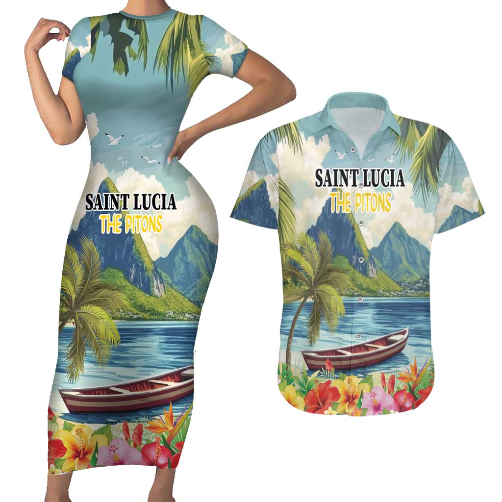 Pitons Saint Lucia Couples Matching Short Sleeve Bodycon Dress and Hawaiian Shirt Hibiscus Flowers - Wonder Print Shop