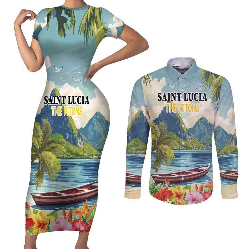 Pitons Saint Lucia Couples Matching Short Sleeve Bodycon Dress and Long Sleeve Button Shirt Hibiscus Flowers - Wonder Print Shop