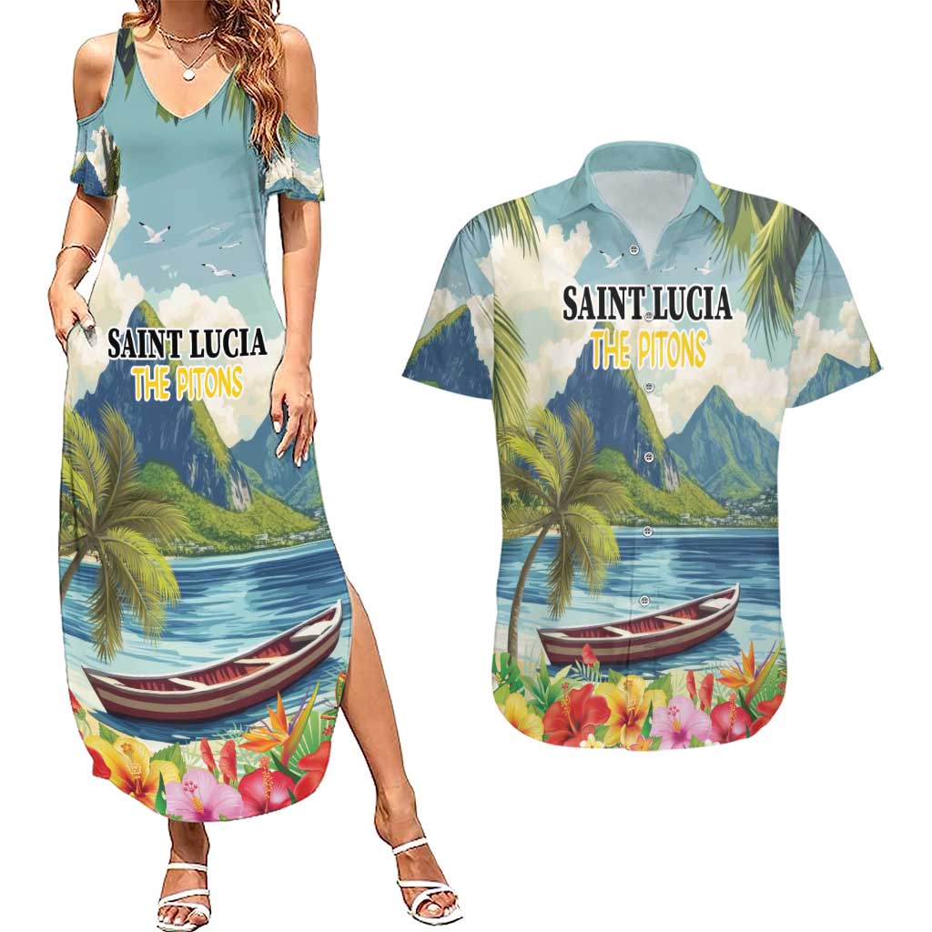 Pitons Saint Lucia Couples Matching Summer Maxi Dress and Hawaiian Shirt Hibiscus Flowers - Wonder Print Shop