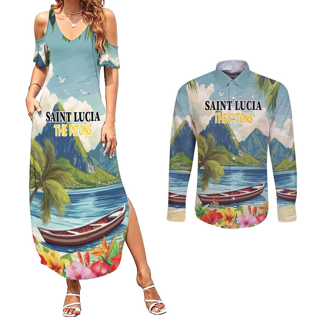 Pitons Saint Lucia Couples Matching Summer Maxi Dress and Long Sleeve Button Shirt Hibiscus Flowers - Wonder Print Shop