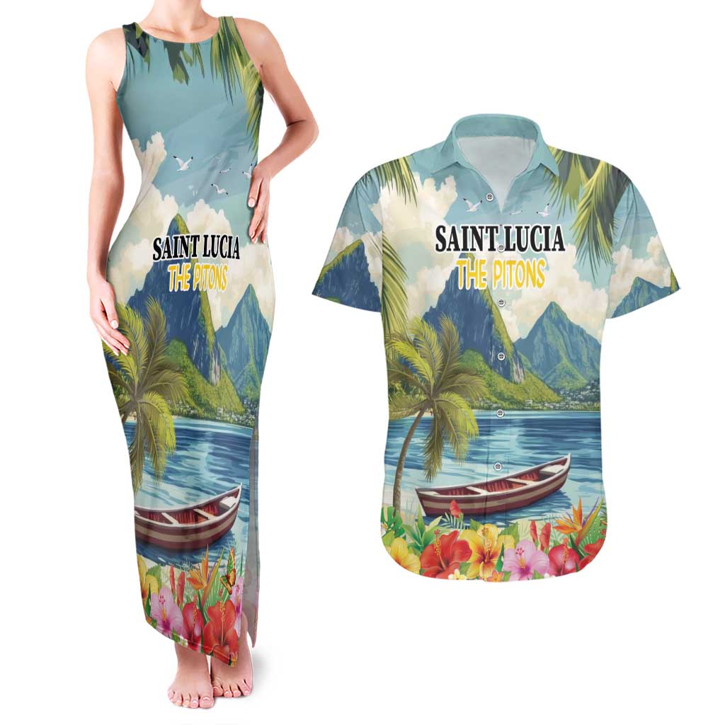 Pitons Saint Lucia Couples Matching Tank Maxi Dress and Hawaiian Shirt Hibiscus Flowers - Wonder Print Shop