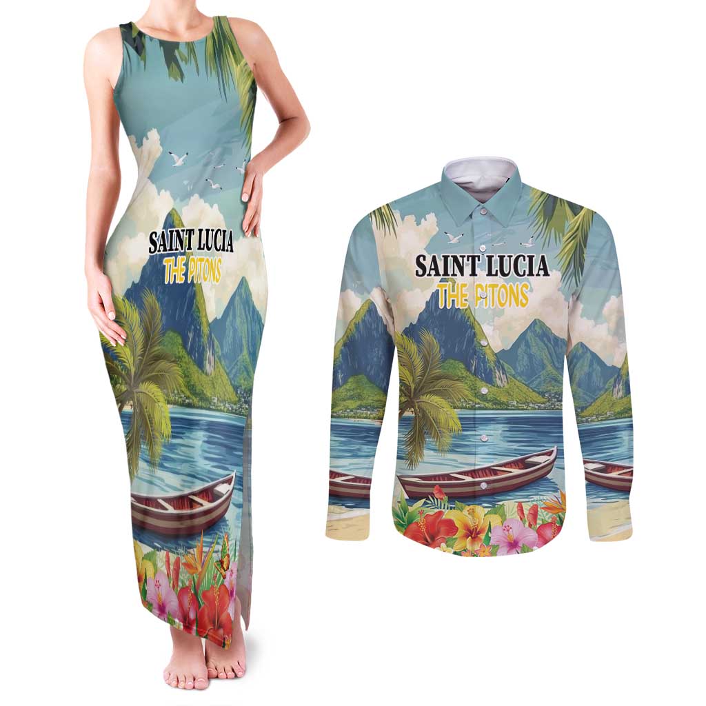 Pitons Saint Lucia Couples Matching Tank Maxi Dress and Long Sleeve Button Shirt Hibiscus Flowers - Wonder Print Shop