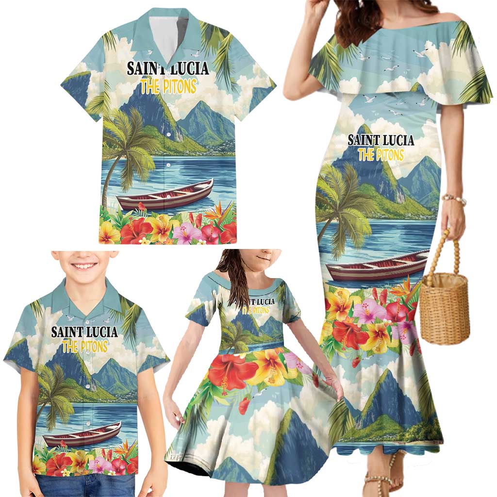 Pitons Saint Lucia Family Matching Mermaid Dress and Hawaiian Shirt Hibiscus Flowers - Wonder Print Shop