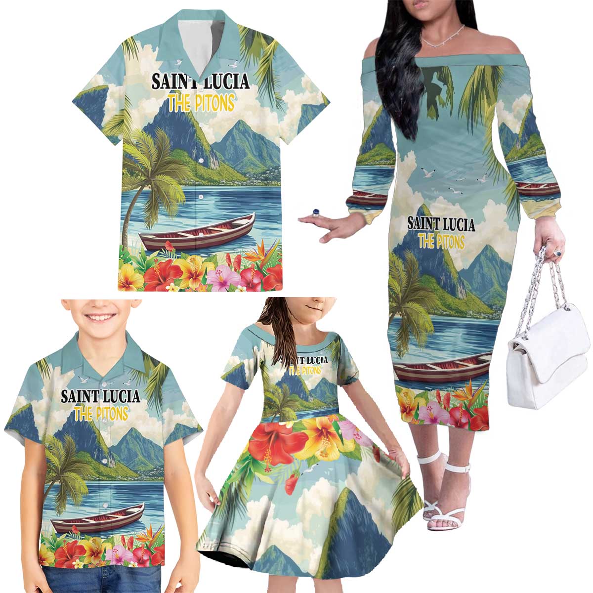 Pitons Saint Lucia Family Matching Off The Shoulder Long Sleeve Dress and Hawaiian Shirt Hibiscus Flowers - Wonder Print Shop