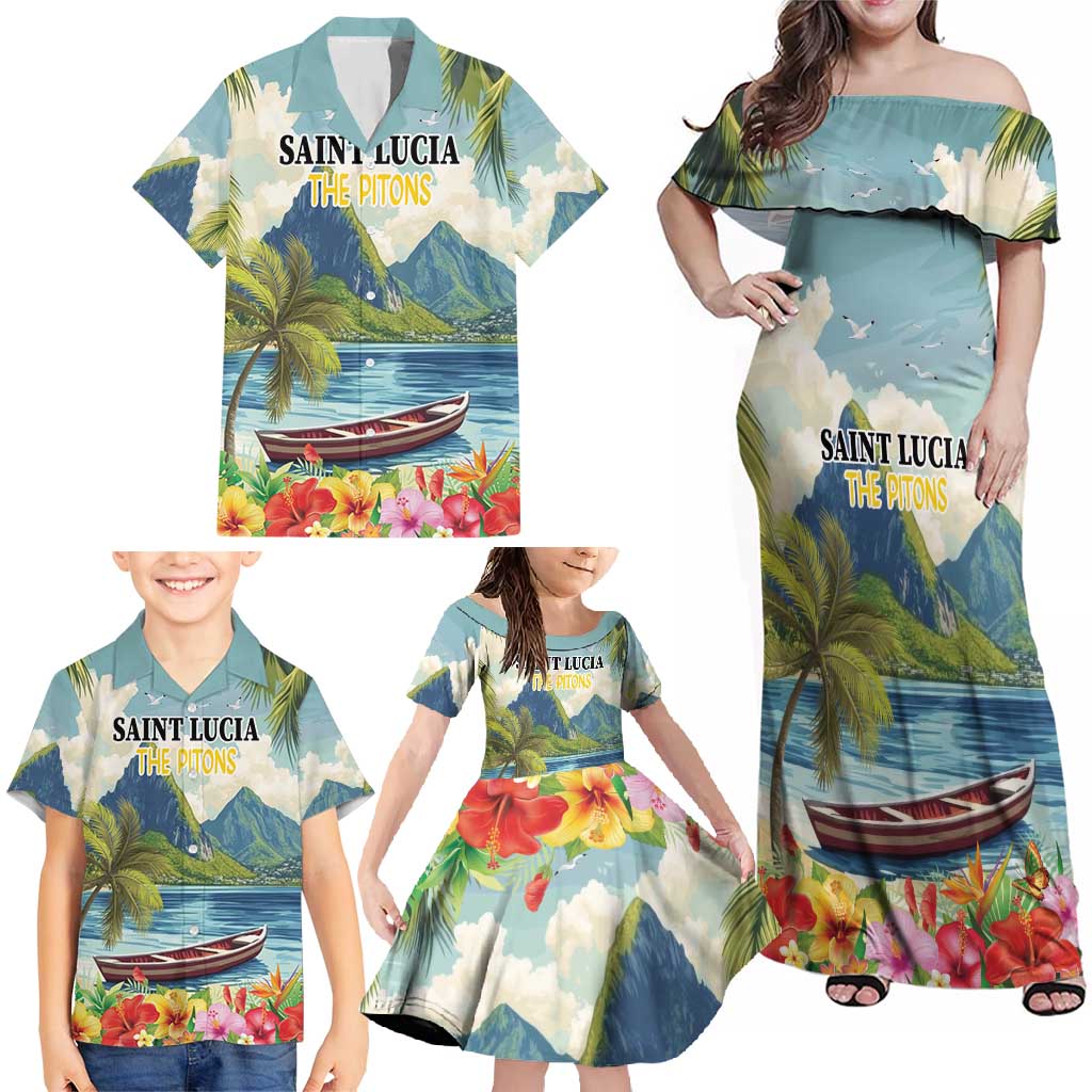 Pitons Saint Lucia Family Matching Off Shoulder Maxi Dress and Hawaiian Shirt Hibiscus Flowers - Wonder Print Shop