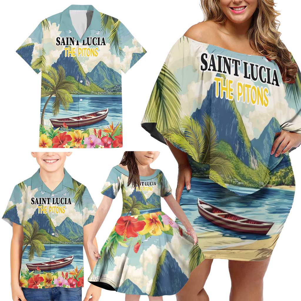 Pitons Saint Lucia Family Matching Off Shoulder Short Dress and Hawaiian Shirt Hibiscus Flowers - Wonder Print Shop