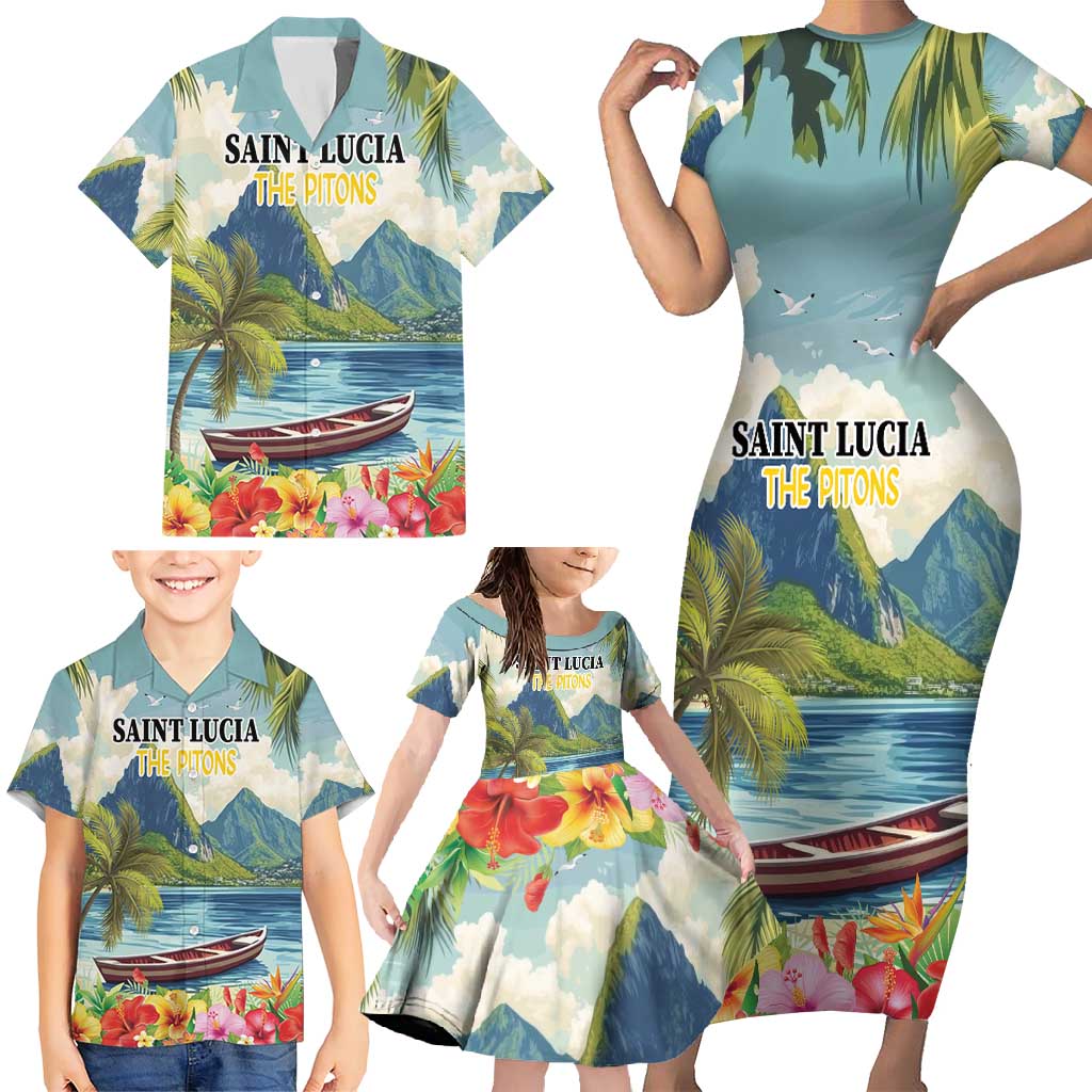 Pitons Saint Lucia Family Matching Short Sleeve Bodycon Dress and Hawaiian Shirt Hibiscus Flowers - Wonder Print Shop