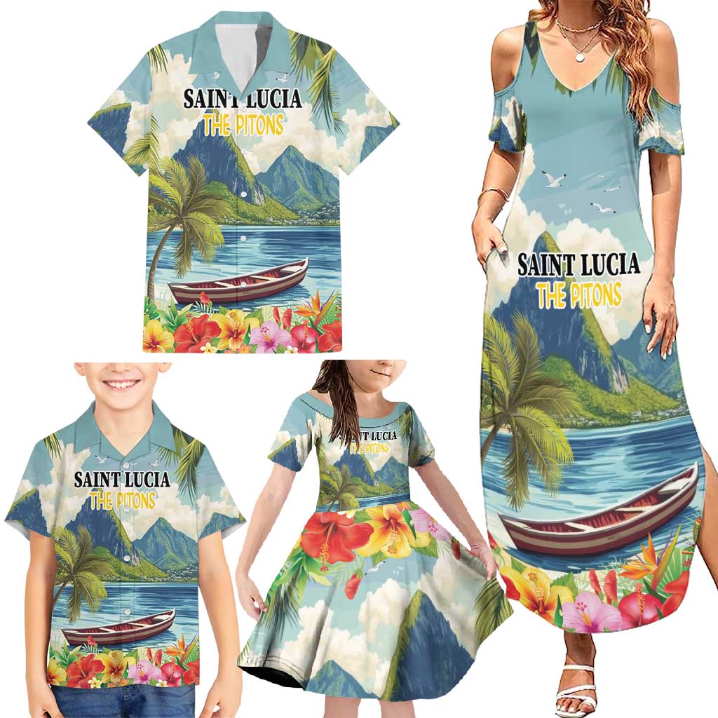 Pitons Saint Lucia Family Matching Summer Maxi Dress and Hawaiian Shirt Hibiscus Flowers - Wonder Print Shop