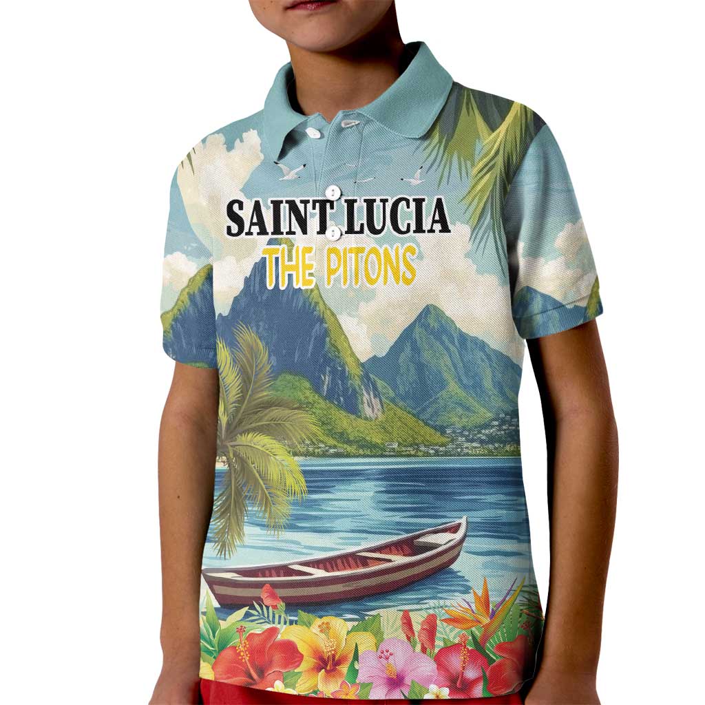 Pitons Saint Lucia Kid Polo Shirt Hibiscus Flowers - Wonder Print Shop