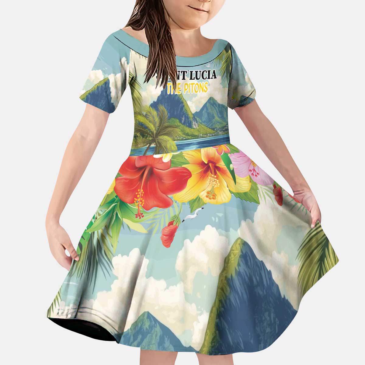 Pitons Saint Lucia Kid Short Sleeve Dress Hibiscus Flowers - Wonder Print Shop