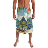 Men's tropical lavalava skirt with elastic waist; blue sea, mountains, canoe, palms print
