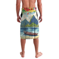 Men's tropical lavalava skirt with elastic waist; side view of mountains, sea and canoe print