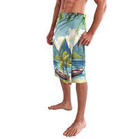 Men's tropical lavalava skirt with elastic waist; side view of palms and canoe on blue print