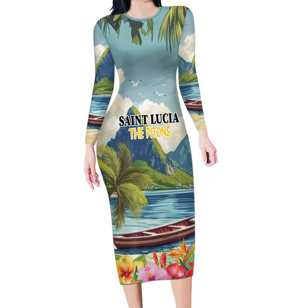 Pitons Saint Lucia Long Sleeve Bodycon Dress Hibiscus Flowers - Wonder Print Shop