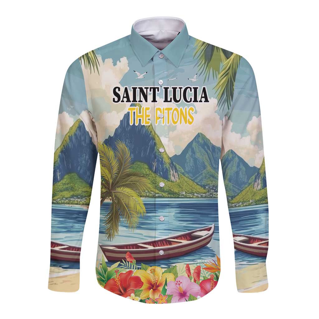 Blue long-sleeve button shirt with tropical hibiscus, palm trees, mountains, and boats
