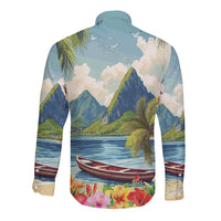 Blue long-sleeve button shirt back print with mountains, palm trees, and red boats