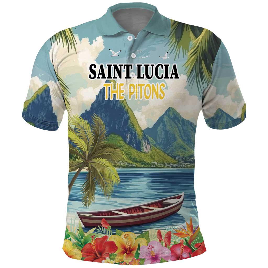 Pitons Saint Lucia Polo Shirt Hibiscus Flowers