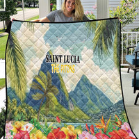 Saint Lucia quilt with “SAINT LUCIA THE PITONS” text, tropical palms, hibiscus flowers