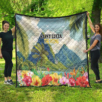 Saint Lucia quilt with “SAINT LUCIA THE PITONS” center, diamond quilting, hibiscus floral border