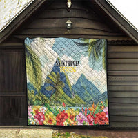Saint Lucia quilt with “SAINT LUCIA THE PITONS” text, blue mountain peaks, hibiscus floral edge