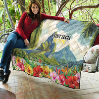 Saint Lucia quilt with “SAINT LUCIA THE PITONS” text, blue mountains, colorful hibiscus flowers