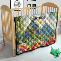 Saint Lucia quilt for crib with “SAINT LUCIA THE PITONS” text, palms, and hibiscus flowers