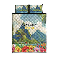 Blue quilt bed set with two pillowcases, palm trees, and hibiscus flowers design