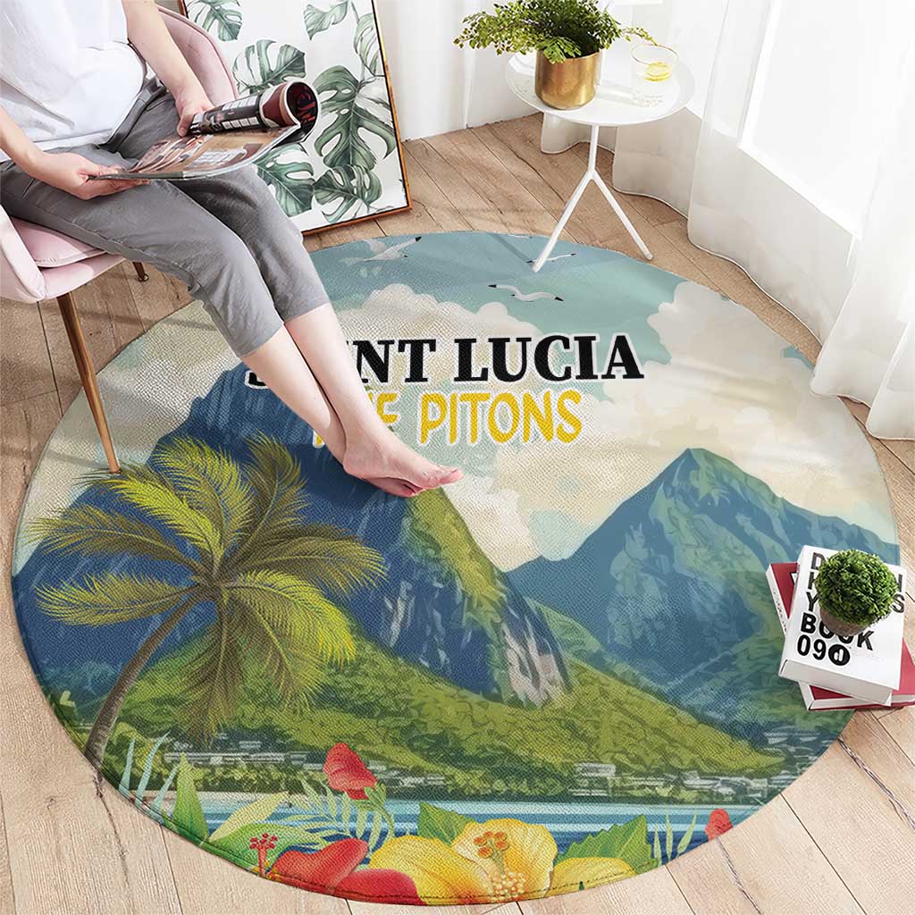 Round tropical rug with mountain and palm design and "SAINT LUCIA THE PITONS" title