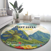 Round tropical rug on floor with blue-green mountains, palm tree, and text