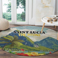 Round tropical rug with blue-green pitons mountains, palms, and bright fruit near window