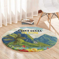 Round tropical rug with mountain landscape, palm leaves, and "SAINT LUCIA THE PITONS" lettering