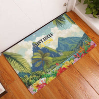 Rubber doormat featuring Saint Lucia Pitons mountain scene with hibiscus and palms