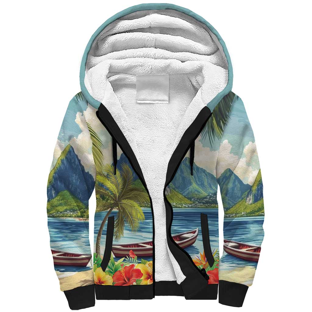 Pitons Saint Lucia Sherpa Hoodie Hibiscus Flowers - Wonder Print Shop