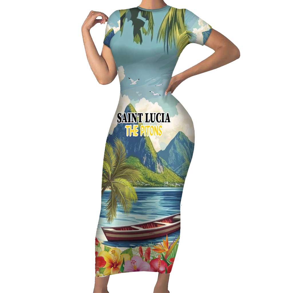 Pitons Saint Lucia Short Sleeve Bodycon Dress Hibiscus Flowers - Wonder Print Shop