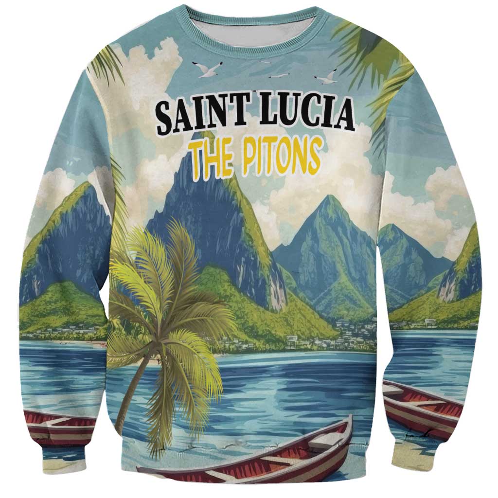 Unisex blue crewneck sweatshirt with tropical mountain, palm and boat print