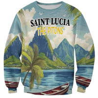 Unisex blue crewneck sweatshirt with tropical mountain, palm and boat print