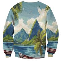 Unisex blue crewneck sweatshirt with tropical mountains, palms and ocean boat print