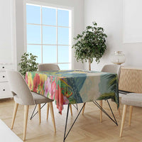 Rectangular tropical tablecloth with hibiscus flowers on green-blue botanical print