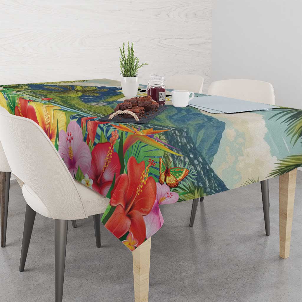 Tablecloth with hibiscus flowers and palm foliage print in bright tropical colors