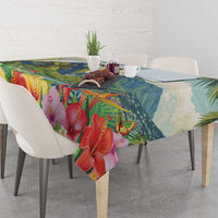 Tablecloth with hibiscus flowers and palm foliage print in bright tropical colors