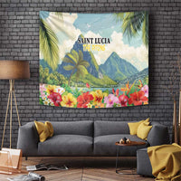 Hibiscus floral wall tapestry with tropical plants, mountains, and birds; text header in center