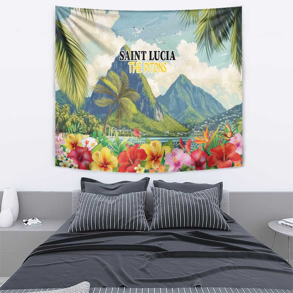 Tropical hibiscus wall hanging tapestry with palm leaves, mountains, and birds; centered title text