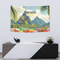 Tropical hibiscus wall tapestry featuring palm trees, mountains, and birds under a sky backdrop