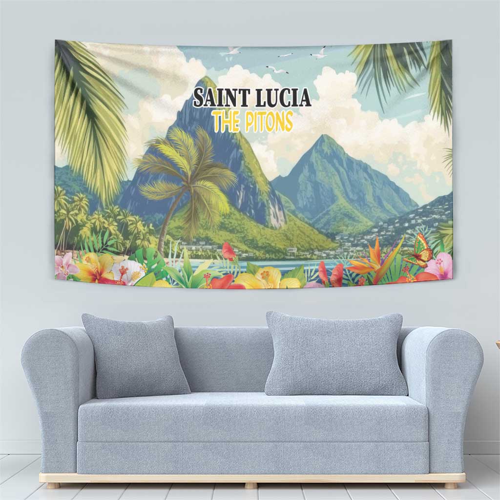 Hibiscus and tropical plant wall tapestry with palm leaves, mountains, and centered title text