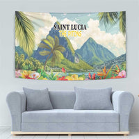 Hibiscus and tropical plant wall tapestry with palm leaves, mountains, and centered title text